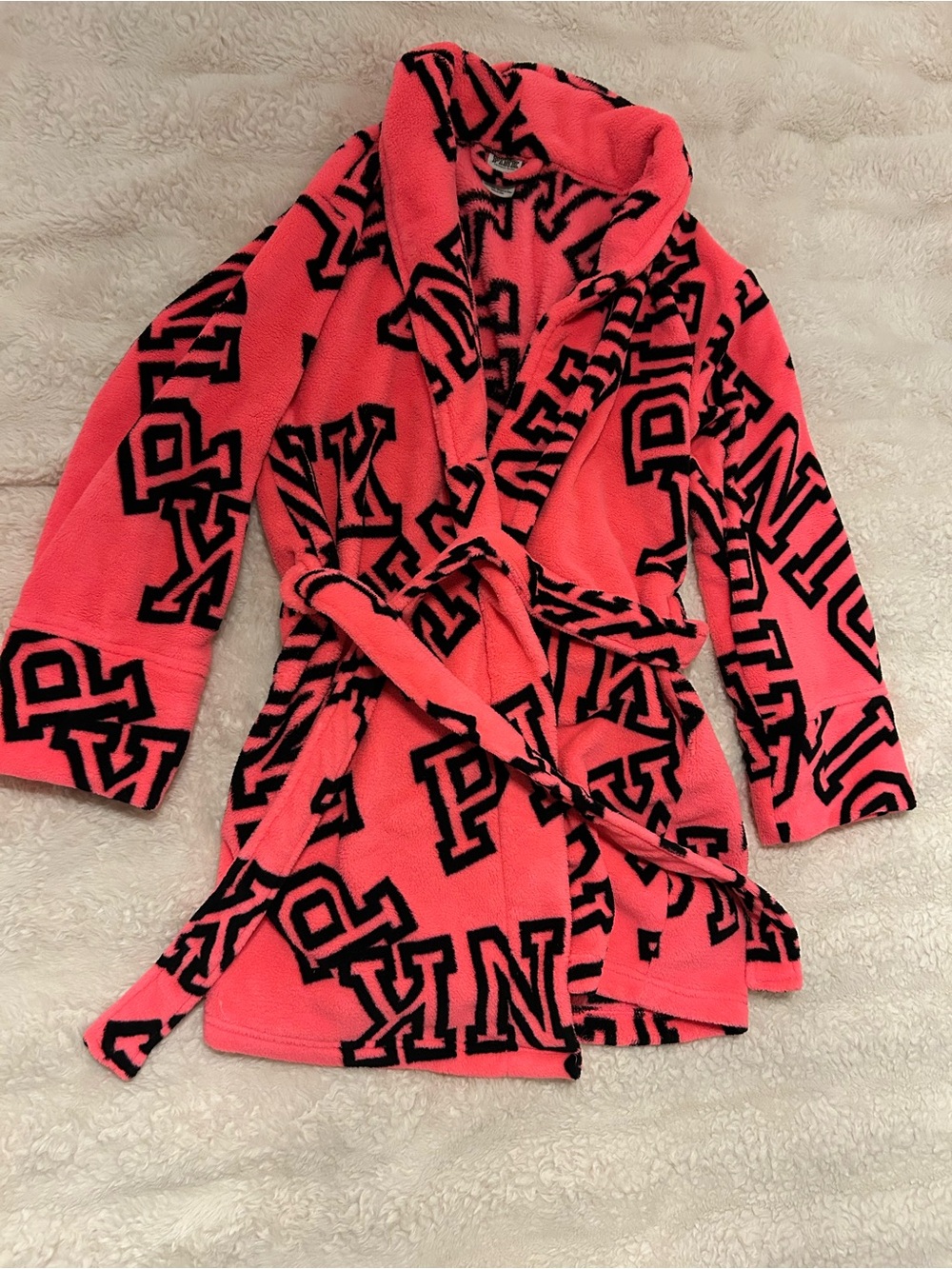 PINK Victoria's Secret Hot Pink Fleece Robe with Black Logo
